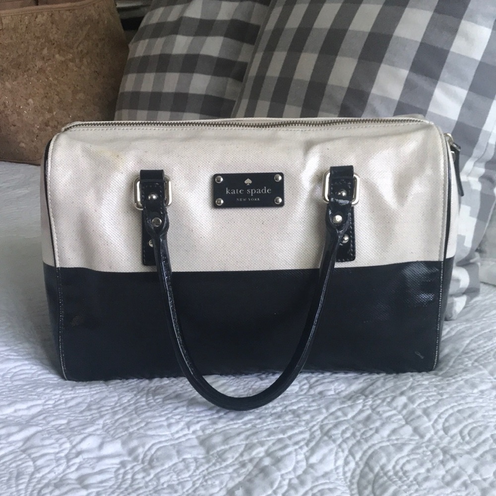 Kate Spade black and white / tan canvas satchel